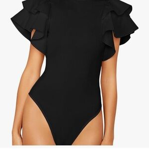 Mock Neck Ruffle Butterfly Sleeve Skinny Bodysuit Small